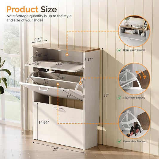 VINGLI Shoe Cabinet Storage for Entryway Ultra Slim with 2 Flip &1Drop-Down Drawers, 24.8" W Narrow Shoe Cabinet for Front Door Entrance,Freestanding Rustic White Wood Shoes Organizer for Hallway