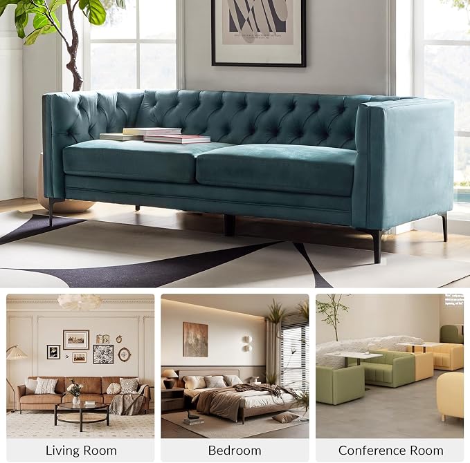HULALA HOME 84" W Faux Leather Sofa, Mid Century Modern Couch with Metal Legs and Button Tufted, 3 Seater Contemporary Upholstered Couches for Living Room, Entertainment Area, Apartment, Blue