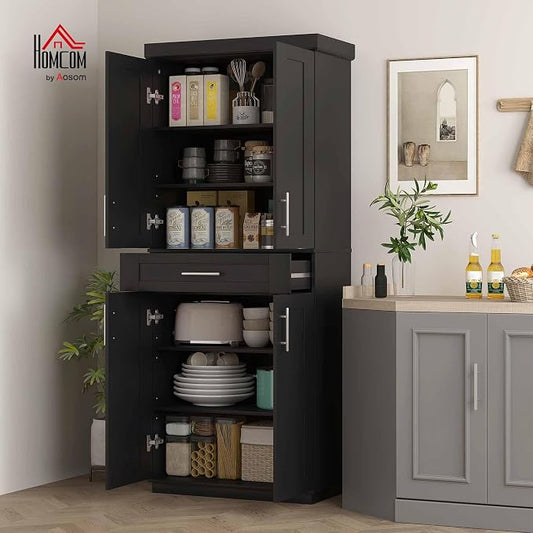 HOMCOM 72" Kitchen Pantry Cabinet, Freestanding Tall Storage Cabinet with 4 Doors, Drawer and 3 Adjustable Shelves for Dining Room, Black