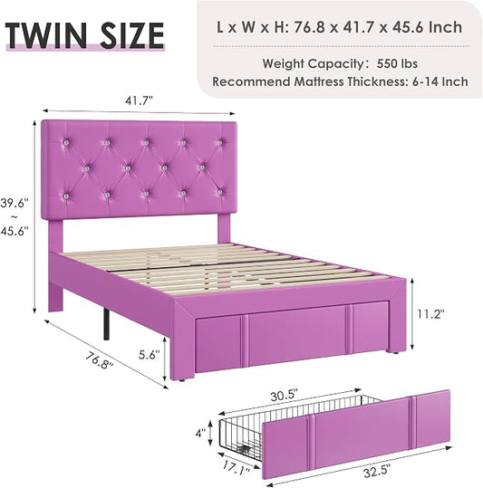 VECELO Twin Size Bed Frame with Storage Drawers, Leather Upholstered with Diamond Tufted Headboard, Solid Wood Slat Support, No Box Spring Needed, PU & Purple