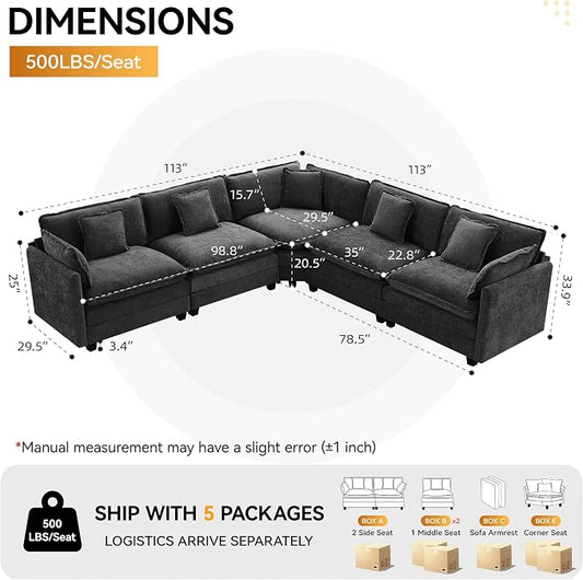 113'' V Shaped Cloud Sectional Sofa, Oversized Deep Seat Couches for Living Room, Chenille Comfy Upholstered Modular Sectional Sofa Couch, Dark Grey
