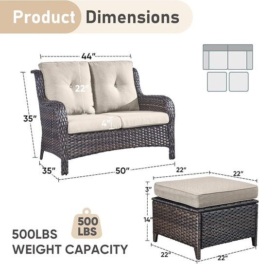 Outdoor Loveseat Sofa - 3 Piece Patio Furniture with Ottoman Deep Seating Patio Couch for Porch Deck Garden Backyard - Brown/Beige