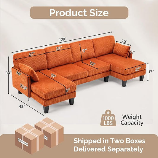VINGLI 108" W U-Shaped Sectional Couches for Living Room, Sturdy Wooden Armrest Corduroy Cloud Couch with Double Chaise, High Support Modern 4-Seat Sectional Sofa for Apartment, Offices, Orange