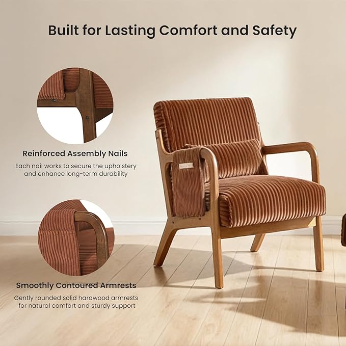 DUMOS Mid Century Modern Accent Chair, Upholstered Armchair with Lumbar Pillow and Solid Wood Frame, Comfy Reading Chair for Small Living Room, Bedroom, Guest Room, Orange