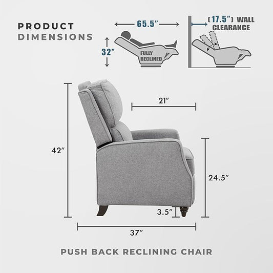 Lexicon Push Back Recliner Chair, Manual Accent Recliner with Track Arms & Bun Feet, Deep Cushioned Comfort, Modern Fabric Reclining Armchair for Living Room, Bedroom & Office, 29.5" W - Gray