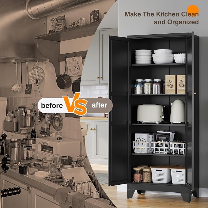 Yizosh Metal Storage Cabinet with 2 Doors and 4 Adjustable Shelves,- 72" Black Kitchen Pantry Storage Cabinet for Kitchen,Living Room,Dining Room
