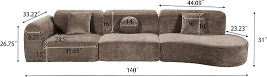 Merax 3-Piece 140" Curved Sectional Sofa Set, 4 Seat L-Shaped Modular Modern Cloud Couch with Chaise Lounge, 3 Pillows, Fully Assembled High-Density Compressed Sponge for Living Room, Brown