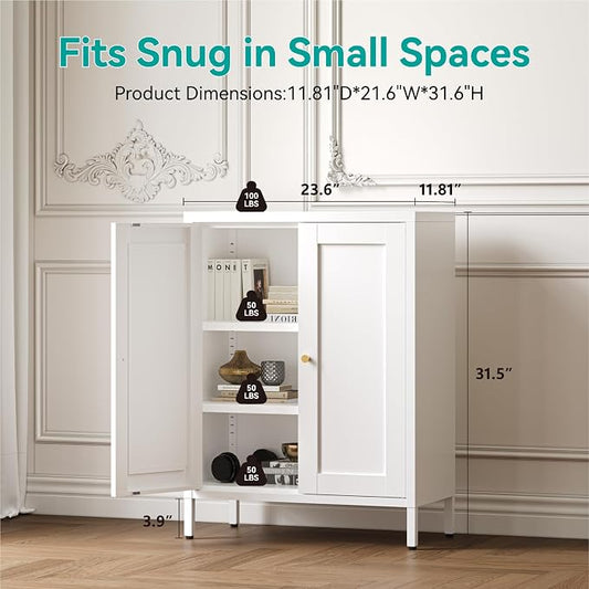 Small Metal Storage Cabinet,23.6 Inch Wide 11.8 Inch Deep,Bathroom Cabinet with Adjustable Shelves,3-Tier 31.5" Tall Shaker Cabinet for Kitchen Entryway Living Room,White