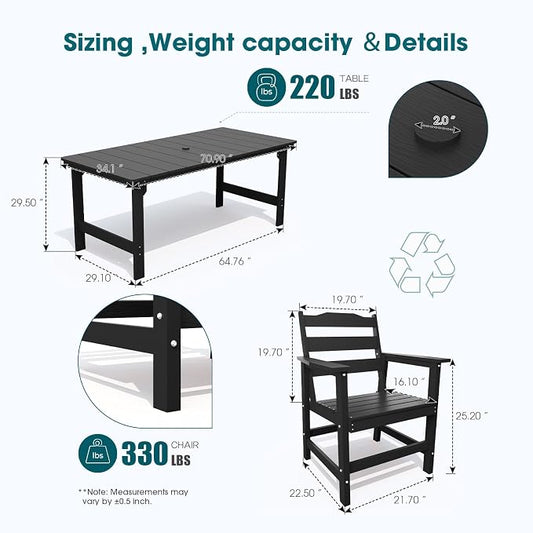 THOEOE 7 Piece Outdoor Dining Set, Patio Dining Table and 6 Chairs, All-Aluminum Frame, All-Weather HDPE Outdoor Furniture with Umbrella Hole for Garden, Lawn, Poolside, Black