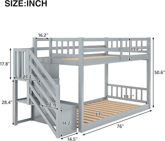 Twin Over Twin Bunk Bed with Ladder and for Storage Staircase for Teens, Boys or Girls, No Box Sping Needed