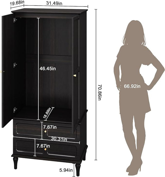 HLR 71" Mid-Century Modern Armoire Wardrobe Closet with Doors and Drawers,Wooden Armoire Storage Cabinet with Hanging Rod for Bedroom,Large Capacity Storage,Black