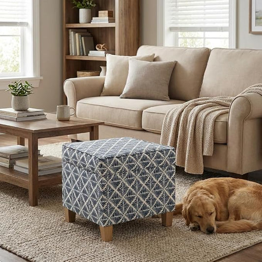 HomePop 18" Classic Square Storage Ottoman - Blue Geometric Pattern