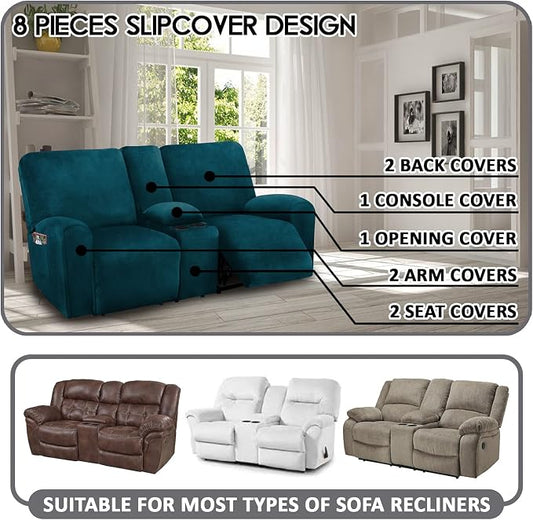 Ultimate Decor Reclining Love Seat with Middle Console Slipcover, 8-Piece Velvet Stretch Loveseat Reclining Sofa Covers, 2 seat Love seat Recliner Cover, Thick, Soft, Washable, (Deep Teal)