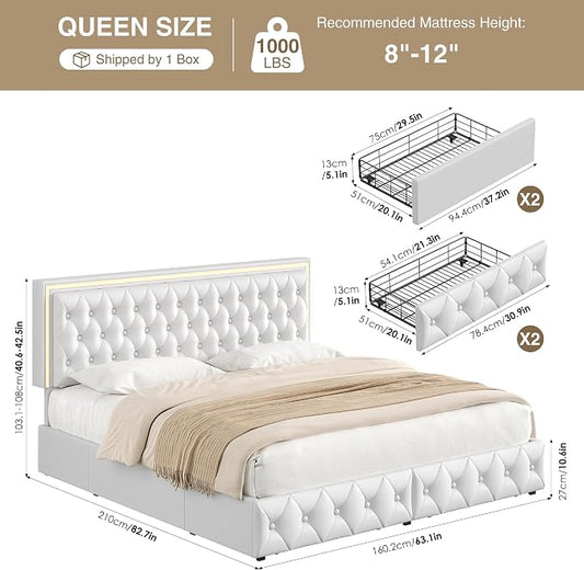 Keyluv Queen Size LED Bed Frame with 4 Storage Drawers and Adjustable Headboard, PU Leather Upholstered Button Tufted Modern Platform Bed, Solid Wooden Slats Support, Easy Assembly, White