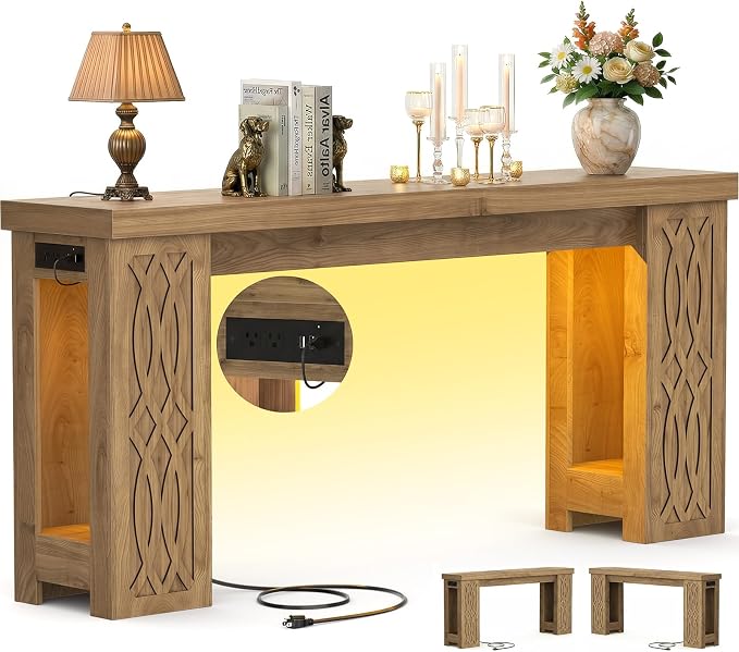 Cyclysio 63" Console Table with Outlet, Farmhouse Entryway Table with Colorful LED Lights, Wooden Sofa Table with Unique Carved Design, Foyer Accent Table for Entrance, Hallway, Living Room Natural