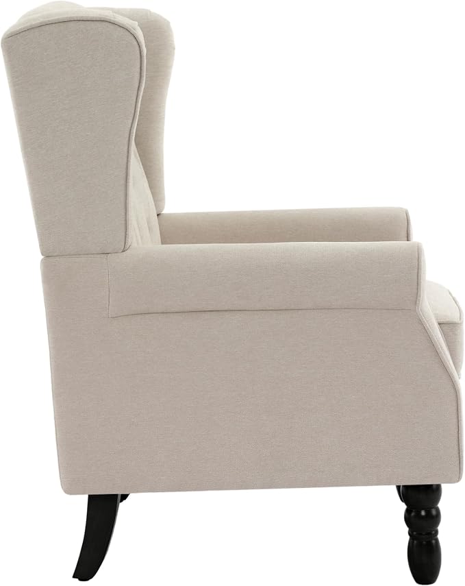 High Back Accent Chair, Fabric Upholstered Armchair Wingback Chair for Living Room, Comfy Bedroom Reading Seat with Solid Wood Legs, Beige