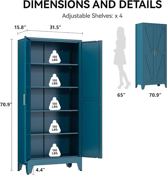 COFaR 71" Metal Pantry Cabinet in Peacock Blue, 5-Tier Storage with Adjustable Shelves, Modern Statement Cupboard for Kitchen, Bathroom & Living Room