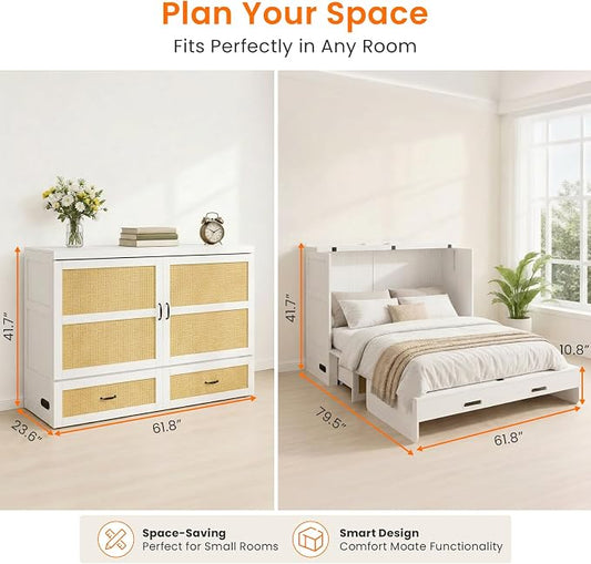 CECER Queen Size Murphy Bed with Mattress for Guest/Small Space-White | Built-in Multi-Port Charging Station & Large Storage Drawer,Space Saving & Easy Assemble and Conversion