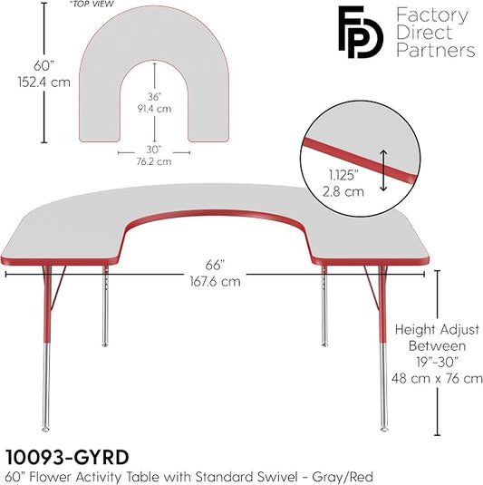 FDP Horseshoe Activity School and Office Table (60 x 66 inch), Standard Legs with Swivel Glides for Collaborative Seating Environments, Adjustable Height 19-30 inches - Gray Top and Red Edge