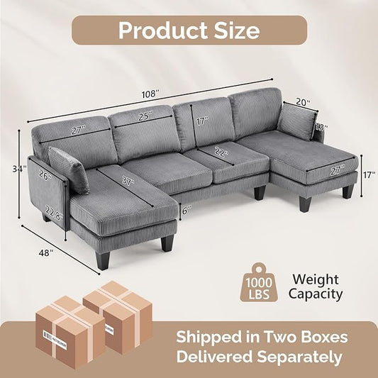 VINGLI 108" W U-Shaped Sectional Couches for Living Room, Sturdy Wooden Armrest Corduroy Cloud Couch with Double Chaise, High Support Modern 4-Seat Sectional Sofa for Apartment, Offices, Dark Grey