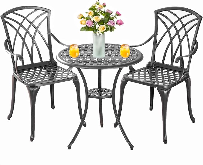 Bistro Set 3 Piece Outdoor,Cast Aluminum Outdoor Bistro Set,All Weather Bistro Table and Chairs Set of 2 with 1.97" Umbrella Hole,Patio Bistro Sets for Garden(Woven Black)