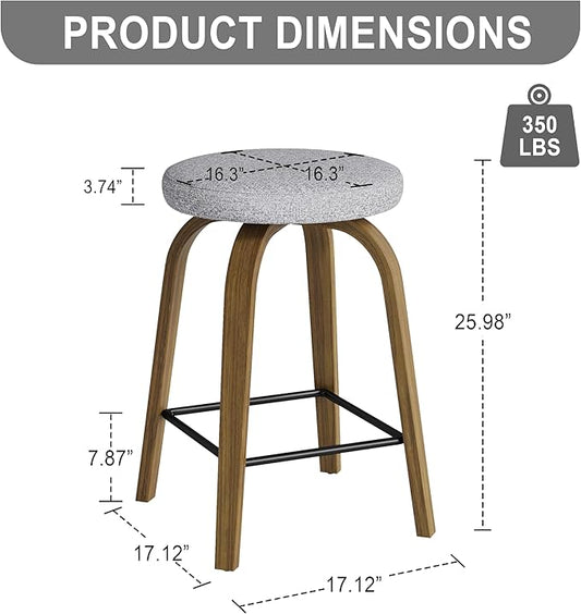 Bar Stools Set of 2, Counter Height Backless Bar Stools, 26" Swivel Barstools Kitchen Chair with Upholstered Fabric Seat, Gray