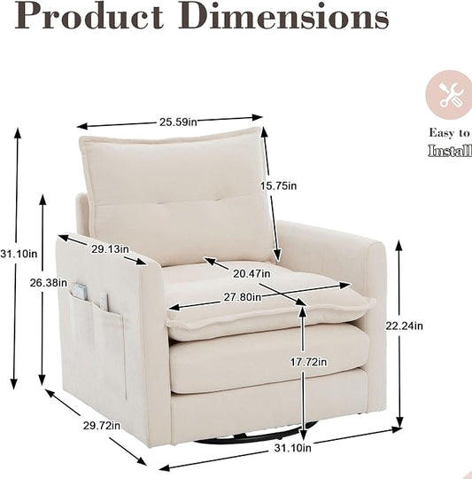 Swivel Accent Chair, Modern Swivel Barrel Chair for Living Room, 360 Degree Comfy Square Accent Barrel Chair, Upholstered Sofa Armchair for Bedroom,Reading, Chenille, Beige
