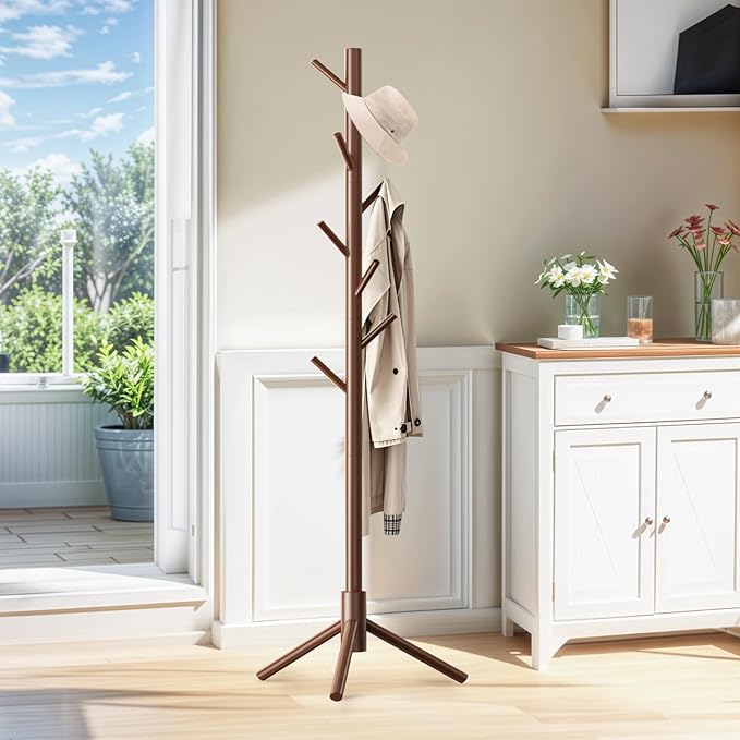 Wooden Coat Rack Freestanding with 8 Hooks,Easy Assembly New Zealand Pine Tree Coat Racks, 3 Adjustable Sizes for Clothes, Hats, Bags, for Entryway, Hallway, Bedroom, Office (Brown, 1 PC)
