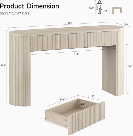 ONBRILL 55 Inch Console Table with 2 Drawers, Entryway Tables with Storage, Sofa Table Behind The Couch, Hallway Tables, Natural White