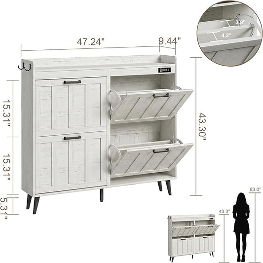 ChooChoo Shoe Storage Cabinet with 4 Flip Drawers, Deodorizing Shoe Organizer Storage for Entryway, Freestanding Hidden Slim Narrow Shoe Rack Cabinet, Antique White
