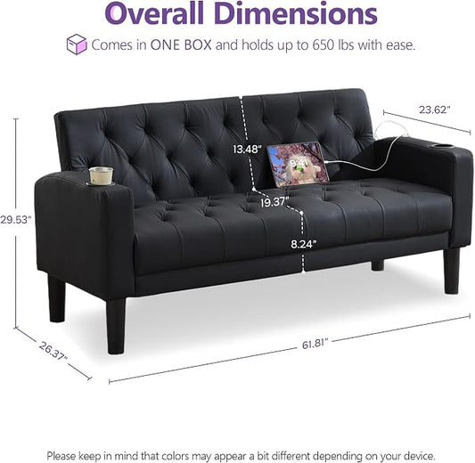 TYBOATLE 62" W Loveseat Sofa w/ 2 USB Charger Ports and 2 Cupholders, Mid-Century Modern Tufted Black Leather Small Love Seat Couches for Compact Living Room, Office, Bedroom, Apartment, Dorm