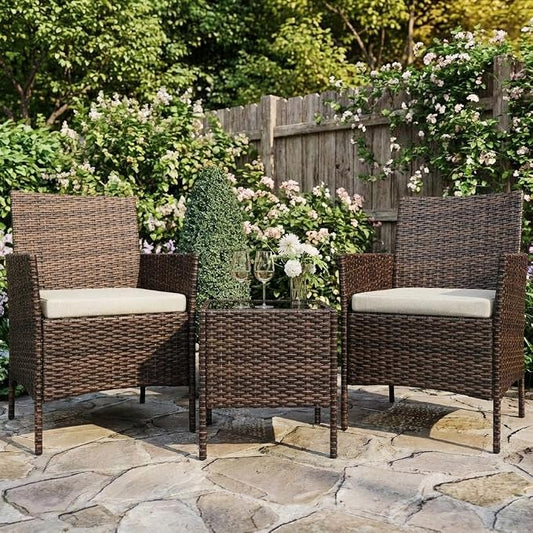 3PCS Outdoor Patio Bistro Set, PE Rattan Wicker Armchairs with Water-Resistant Cushions & Tempered Glass Coffee Table, All-Weather Conversation Set for Garden, Backyard, Porch, Poolside, Brown/Beige