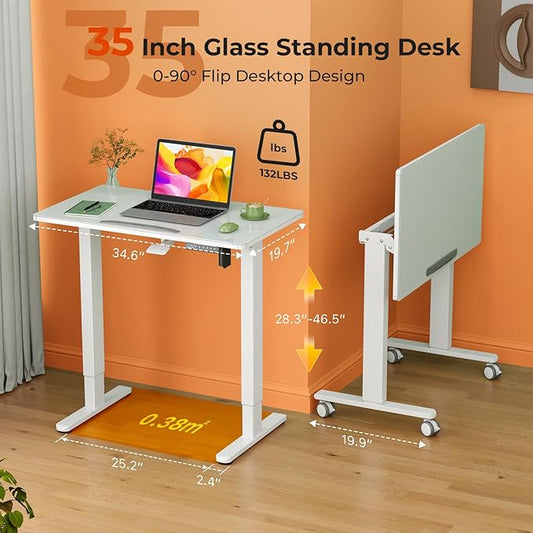 35inch Glass Standing Desk,90° Tiltable Mobile Rising Desk Height Adjustable,Whole Piece Rolling Drafting/DrawingTable with Wheels,Foldable Small Laptop Art Desk,White