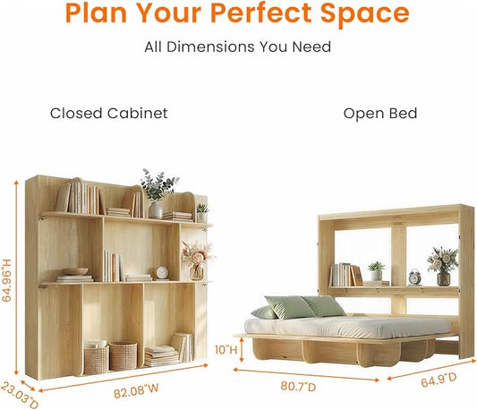 CECER Horizontal Murphy Bed Queen,Save Space for Offices/Guest-Natural Wood | Multi-Functional Queen Murphy Cabinet Beds with Storage Shelf/Bookshelf,Sturdy frame & Easy Assemble