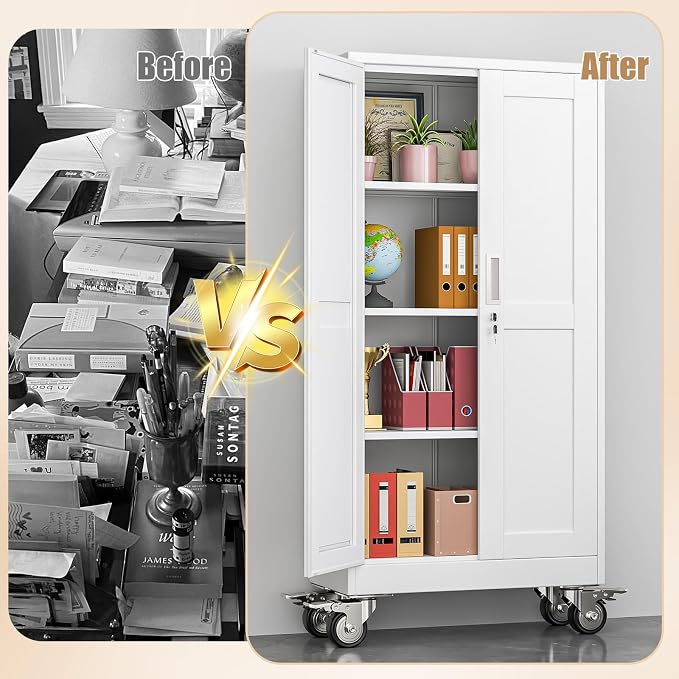 61" H Metal Pantry Storage Cabinet with Wheels,Rolling Kitchen Pantry Cabinet with 2 Doors and 3 Adjustable Shelves, Locker Steel Cabinet,Organization Cabinet for Garage,Home,Gym,School,White