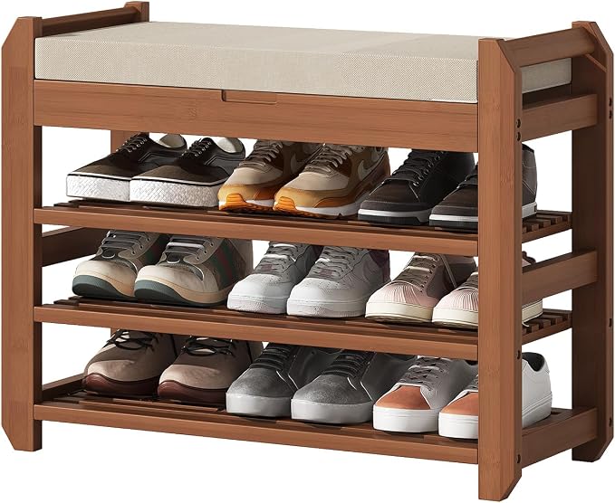 27.6" Bamboo Shoe Bench with Cushion, 3-Tier Adjustable Storage Bench for Entryway, Heavy Duty Shoe Rack Organizer with Removable Soft Cushion for Living Room Bedroom Hallway