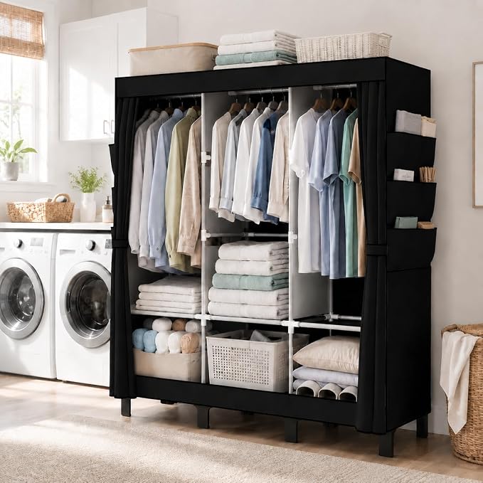 Portable Closet Wardrobe Closet for Hanging Clothes with 3 Hanging Rods for Bedroom, Non-Woven Fabric Clothes Closet for Living Room Easy Assemble (Black, 3 Columns, 51.2 inch Width)