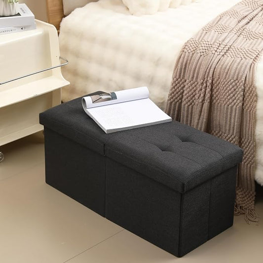Storage Ottoman Bench Foldable Seat Footrest Shoe Bench End of Bed Storage with Flipping Lid, 75L Storage Space, 30 inches Linen Fabric Black