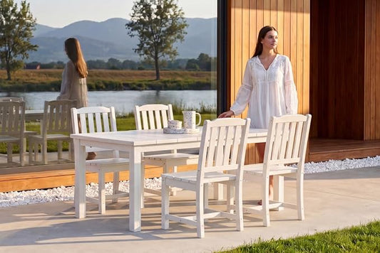 Perli™ 5-Piece Outdoor Dining Set, All-Weather HDPE Patio Furniture with 4 Armless Chairs and Rectangular Table, UV-Resistant 4-Person Set for Deck, Backyard, White