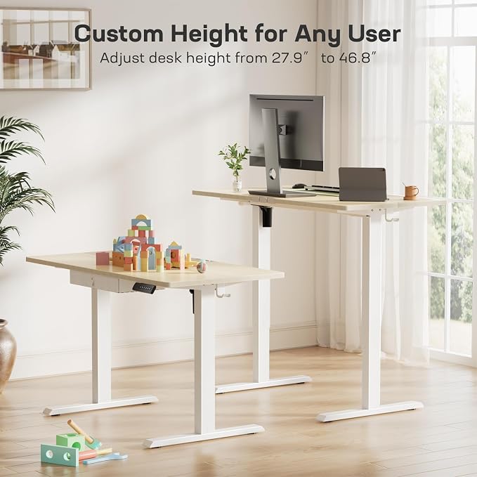 Marsail 48x24 Electric Standing Desk with Drawer, Computer Desk, Sit Stand Office Table with Storage & Hooks & Cable Management, Ergonomic Height Adjustable Table for Home Office, Maple
