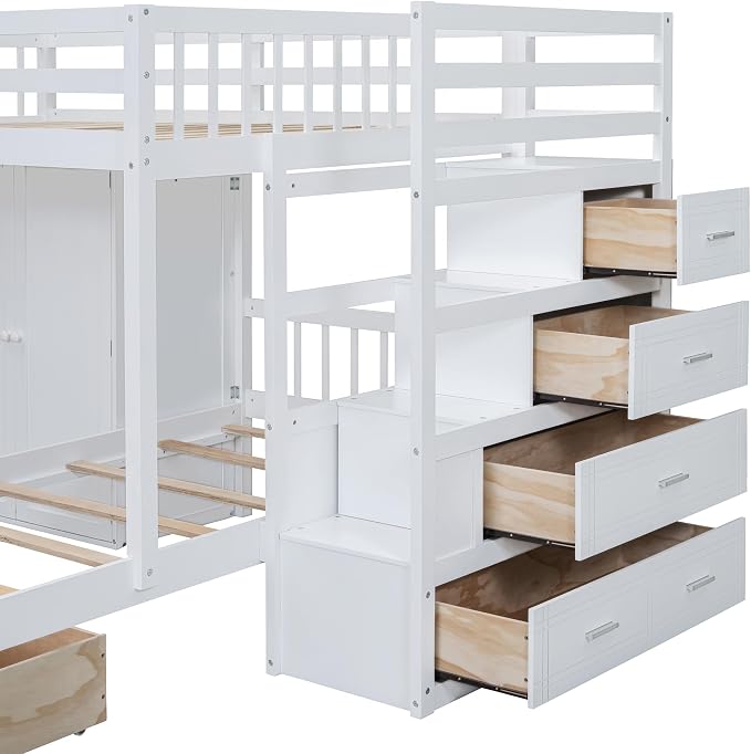 Merax Full Over Twin Bunk Bed with Wardrobe and Drawers, White
