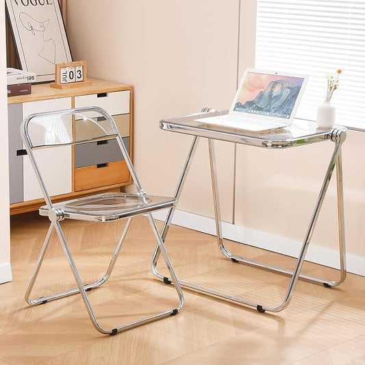 Acrylic Folding Table - Modern TV Tray Dinner Table for Eating on Couch - Small Folding Table Foldable Computer Desks Space-Saving with Chrome Frame No Assembly Required -Gray