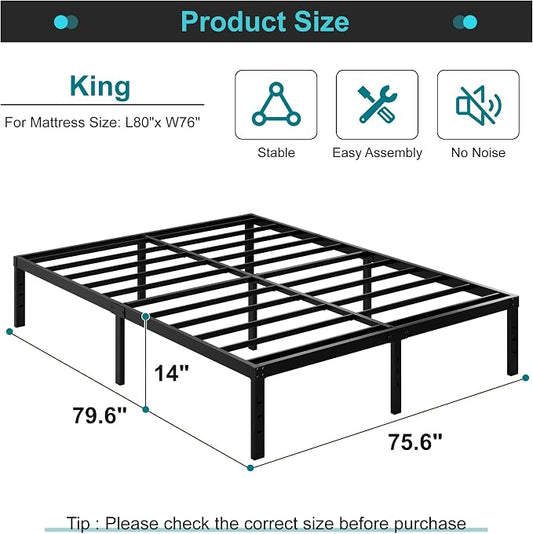 Maenizi King Size Bed Frame No Box Spring Needed, 14 Inch Heavy Duty King Platform Bed Frame Support Up to 3000 lbs, Easy Assembly, Noise Free, Black
