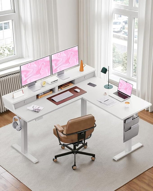 ErGear L Shaped Electric Standing Desk, 63" Ergonomic Corner Height Adjustable Desk with Drawers, Sit Stand Computer Table with Storage for Work Office Home, White