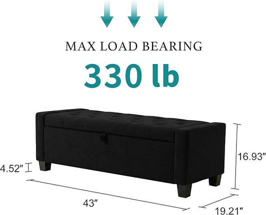 Huatean Home 43" Ottoman with Storage, Black Storage Ottoman Bench with Safety Hinge, Upholstered Entryway Bench with Seating for Bedroom, Living Room, Holds up to 330 lb