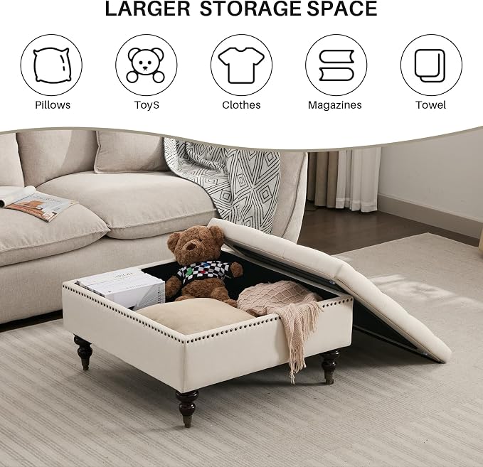 Large Square Storage Ottoman Uphlostered Tufted Button Coffee Table, Oversized Footrest Bench with Castered Rolling Wheels for Living Room, Beige Linen Waterproof