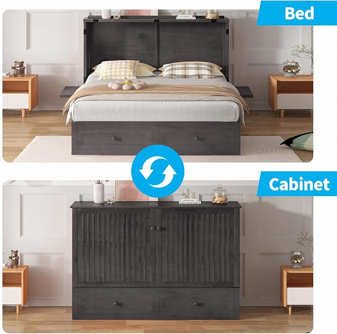 Mjkone Murphy Cabinet Bed Queen Size with Mattress Included, Multi-Functional Cube Cabinet Bed, Solid Wood Mobile Wall Beds Chest with USB Charging Station, Storage Drawers for Living Room, Dark Grey