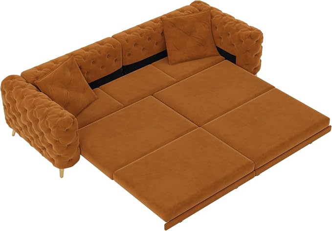 97.7'' Pull Out Sofa Bed King, Chesterfield Velvet Sleeper Sofa, Convertible L-Shaped Futon Couch, Tufted Back, Ottoman, Deep Seat Loveseat Couches for Living Room, Apartment, Orange