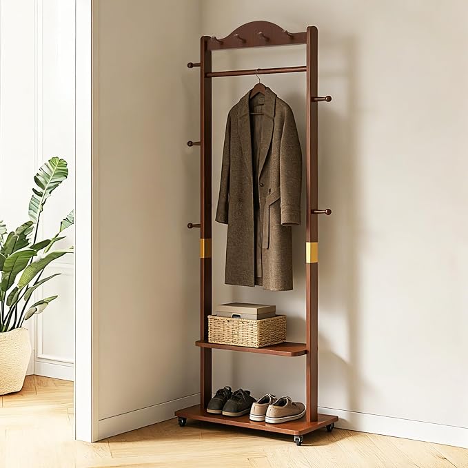 Solid Wood Clothing Rack with Wheels 2 Shelves Storage & 9 Hooks Heavy Duty Coat Rack Freestanding Clothes Rack Coat Tree Stand Hat Hanger Rack for Living Room Corner,835 Walnut
