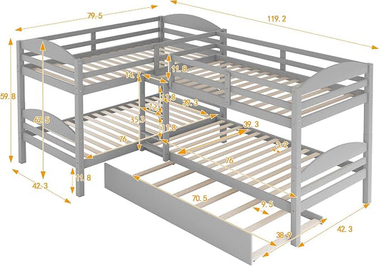Flieks Four Bunk Bed Twin-Over-Twin-Over-Twin-Over-Twin L Shaped Bunk Bed with Trundle, Bunk Bed Can be Divided into 2 L-Shaped Beds for Accommodating 5, Family, Kids, Teens, No Box Spring Needed